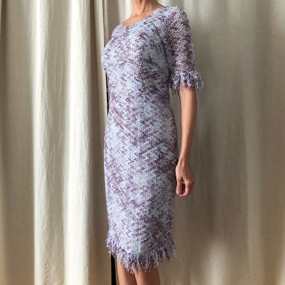 Mint boho chic ANNA SUI Fall Winter 90s knee length lavender purple dress fringe - Picture 3 of 7